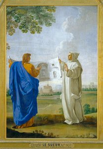 Szent Brúnó vizsgálja a Diocletien termálfürdőjének rajzát, a római karitász későbbi helyszínét ... alkotó: Eustache (studio of) Le Sueur