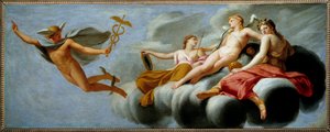 Ámor megparancsolja Merkúrnak, hogy jelentse be hatalmát az univerzumnak, Hermész elvesztette tulajdonságait. Eustache Le Sueur (1617-1655) festménye 1646 V. 1x2,5 m.
