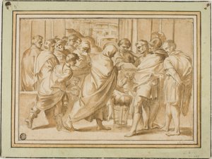 Jelenet a római történelemből, drapozott figurával, aki könyvet mutat be az uralkodónak alkotó: Eustache Le Sueur