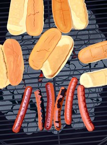 6 hot dog a grillen, South Side of Streef (digitális művészet) alkotó: Evan Sklar