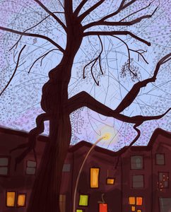 Brooklyn Brownstone Street At Dusk, 2016 (kézzel rajzolt egy iPad-en egy Apple ceruzával) alkotó: Evan Sklar