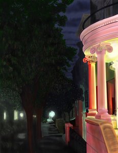 A hetedik utca és a kilátó park nyugati sarkán éjszaka (digitális művészet) alkotó: Evan Sklar