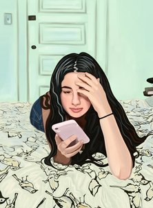 Lány az ágyon nézi az okostelefon (digitális művészet) alkotó: Evan Sklar