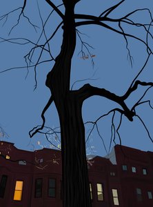 Házak és fák éjszaka, Brooklyn. (digitális művészet) alkotó: Evan Sklar