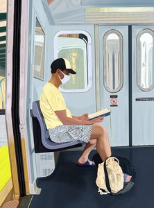 Levetkőzött rövidnadrágos férfi könyvet olvas a metrón, 2020-24 körül (digitális művészet) alkotó: Evan Sklar
