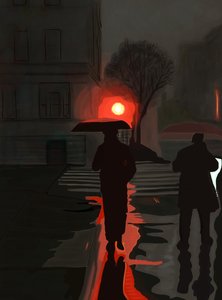 Férfi sétál az esőben éjszaka (digitális művészet) alkotó: Evan Sklar