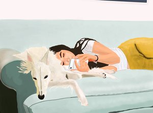 Penny és Ava a kanapén otthon (digitális művészet) alkotó: Evan Sklar