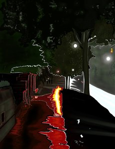 Vörös fény tükröződik a járdán eső után, NY, Dawn (digitális művészet) alkotó: Evan Sklar