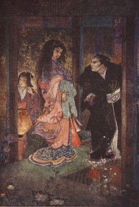 Shinzaburo felismerte Tsuyut és szobalányát, Yone-t, illusztrációja F. Hadland Davis „Japán mítoszai és legendái” című könyvéből alkotó: Evelyn Paul