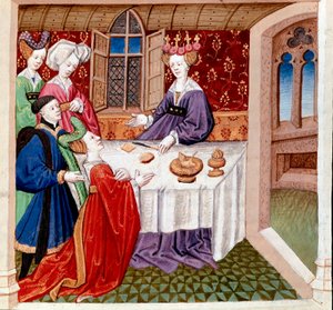 Iseult (vagy Iseult) az asztalánál ülő Guenevre királynő védelmét kéri. Miniatűr Gassien de Poitiers „román du Chevalier Tristan et de la reine Yseult”-ból, Everard de Espinques (Evrard d
