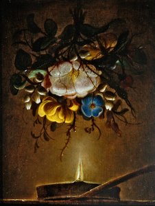 Csendélet egy csokor virággal, amely egy gyertya mellett lóg alkotó: Evert van Aelst
