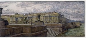 A szenátus helye Szentpéterváron. A Néva-parti épületek leírása. Jevgenyij Jevgenyevics Lanceray (Eugene Lansere) (1875-1946) munkája, litográfia