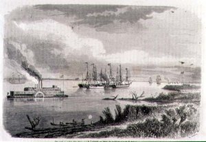 Egy gőzhajó és egy vontatóhajó a Mississippin, metszett Stephane Pannemaker (1847-1930) (metszet)
