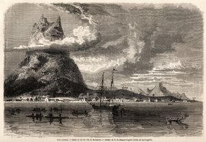 Borabora szigetének Rade és csúcsa, Evremond Auguste de Berard (1824-1881) rajza egy természettudós 1858-as utazásának szemléltetésére a Galápagos-szigeteken és a korallszigeteken, Charles Darwin (1809-1882) által. Metszet a „” Le tour du mond nyelven