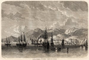 Spanyolország kikötője Trinidadban (Trinidad és Tobago), Evremond Auguste de Berard (1824-1881) rajza Anthony Trollope (1815-1882) 1858-1859-es nyugat-indiai utazásainak illusztrálására. Metszet a „” Le tour du monde, nouveau Journal des voya” nyelven