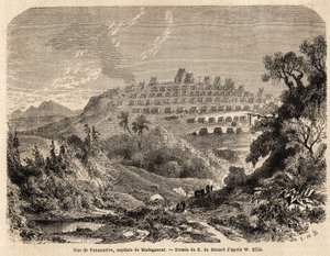 Tananarive, Madagaszkár fővárosának képe, Evremond de Berard (1824-1881) rajza Ida Pfeiffer 1857-es madagaszkári utazásának illusztrálására. Metszet a „” Le tour du monde”-ban 1861. Selva gyűjteménye.