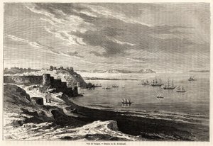 Tangier (Marokkó) képe, Evremond de Berard (1824-1881) rajza M.F.Schickler marokkói utazási feljegyzéseinek illusztrálására. Metszet a „” Le tour du monde, nouveau Journal des voyages”” Párizsban
