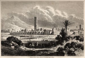 Marrakech városának (korábbi nevén Marokkó) képe, Auguste de Berard (1824-1881) rajza Mr.F. illusztrálására. Schickler 1860-as marokkói utazása. Metszet a „” Le tour du monde, nouveau Journal des voyages”” című könyvben, Paris