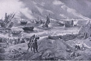 II. Jakab a La Hogue-i csatában, 1692. május 23., illusztráció a brit szárazföldi és tengeri csatákból, 1915 alkotó: Eyre Crowe