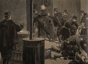 Etievant, az anarchista lövöldözik a rácsból, illusztráció a „Le Petit Journal: Supplement illustre” című folyóiratból, 1898. január 30.