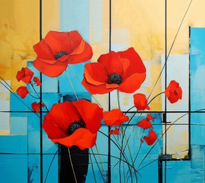 Abstract Mondrian, poppies flower painting, Wall Art | Canvas Prints