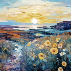 Absztrakt lila virágok a napfelkelte tájkép festmény, Wall Art nyomatok alkotó: F. Abderrahim