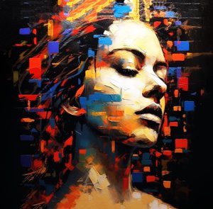 Absztrakt festmény női portré profil fekete háttér, Wall Art | Vászon nyomatok alkotó: F. Abderrahim