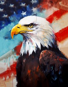 American eagle, US flag in the background, Oil painting, room decor, wall art prints alkotó: F. Abderrahim