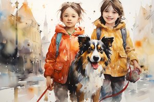 Akvarell portré festmény a kutya és a gyerekek, falfestmény dekoráció, canva nyomatok alkotó: F. Abderrahim