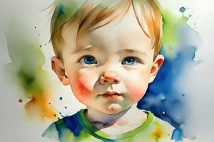 Gyönyörű baba portré, akvarell festmény vászonra, fali hálószoba dekoráció, élénk színek alkotó: F. Abderrahim