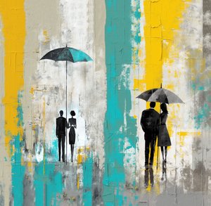 Romantikus esős nap, szerelmes pár esernyő alatt, Wall Art nyomatok alkotó: F. Abderrahim