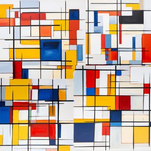 Mondrian kompozíciója vörössel, kékkel és sárgával, nappali faldekoráció alkotó: F. Abderrahim