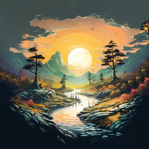 fantázia hegyek Sunset táj természet digitális rajz , Wall Art | Vászon nyomatok alkotó: F. Abderrahim