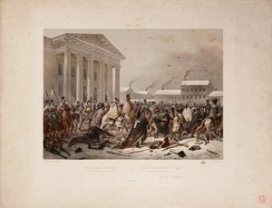 Visszavonuló francia hadsereg a vilnai Városház téren, Victor Adam (1801-66) és Louis Pierre Alphonse Bichebois (1801-50) metszetei 1812 alkotó: F. Daniel