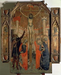 A keresztre feszítés, az 1358-ban elkészült almudainai nagyoltár központi paneljének felső része (tempera a táblán) alkotó: F. Bassa and R. Destorrents