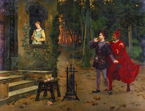 Találkozás Marguerite-tel. Mephisto (Mefisztó). Charles Gounod (1818 - 1893) operájának „” Faust” illusztrációja. F. Cipolla kromolitográfiája.