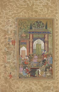 Babur kap egy udvarmestert, leválasztott fóliót a Baburnama (Tuzuk-i Baburi) szétszórt példányáról Zahir-al-Din Muhammad Babur, 1580-85 körül (wc, tinta és arany papíron)