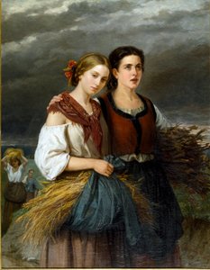 A szántók visszatérése Két fiatal paraszt, akik kötényükben búzacsöveket viselnek, összeáll. Federica Giuliano Gervasoni (1838-1915) festménye 1863 V. 135x105 cm Genes Nervi, Galleria d