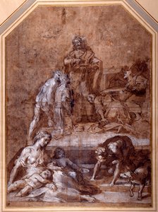 Vallási allegória, a Manna összegyűjtése és az Eucharisztia Intézménye (toll és tinta és kréta mosással, fehérrel kiemelve a papíron) alkotó: Federico Fiori Barocci or Baroccio