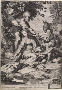 A pihenés az Egyiptomból való visszatéréskor, Cornelis Cort metszete, 1575