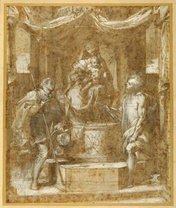 A Szűz és a Gyermek a baldachin alatt trónol Szent Rókussal és Sebastiannal (toll és barna tinta barna mosással és kiemeléssel) alkotó: Federico Fiori Barocci or Baroccio