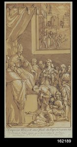Henrik császár (1050-1106) VII. Gergely pápa (1020-85) lábánál, Nicolas Le Sueur (1691-1764) metszetében
