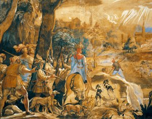 Vadászjelenet a képzeletbeli Firenzével alkotó: Federico Zuccaro