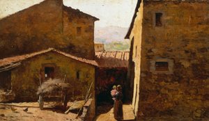 Rusztikus toszkán parasztházak, Federico Andreotti (1847-1930), olaj, panel