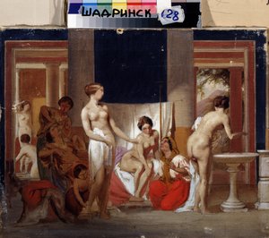 A női fürdő Pompeiben (Olaszország) (A női fürdő Pompeiben). Feodor Andrejevics Bronnyikov (1827-1902) festménye. Olajfestmény