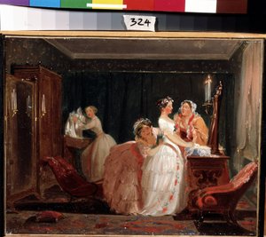 Az esküvői előkészületek. Egy polgári lány esküvői ruhában készül az esküvői szertartásra. Feodor Andrejevics Bronnyikov (1827-1902) munkája. Olaj, papír, 26 x 33 cm alkotó: Fedor Andreevich Bronnikov