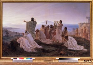 ""Püthagorasz felkelő napjának himnusza"" Rituális szertartás az ókori Görögországban, amelyet a zenével és a csillagokkal kapcsolatos pitagoreusi elméletek ihlettek. Feodor Andrejevics Bronnikov (1827-1902) festménye 1869 Moszkvai Állami Tretyakov Galéria