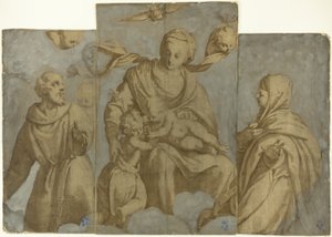 Szűz Mária és a Gyermek Keresztelő Szent János csecsemővel, valamint Assisi Szent Ferenc és Klára szentek. alkotó: Felice Brusasorci