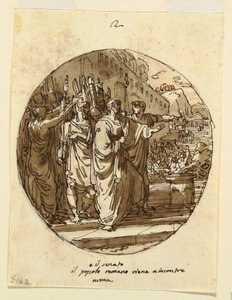 Mennyezettervezés Numa Pompilius számára Üdvözöljük Rómában a megválasztása után, Numa Pompilius Hall, Palazzo Milzetti, Faenza alkotó: Felice Giani