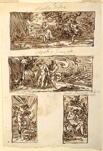Apollón mítoszának négy rajza; Fal díszítése egy kandalló fölött, Sala di Apollo, Palazzo Cavina, Faenza alkotó: Felice Giani